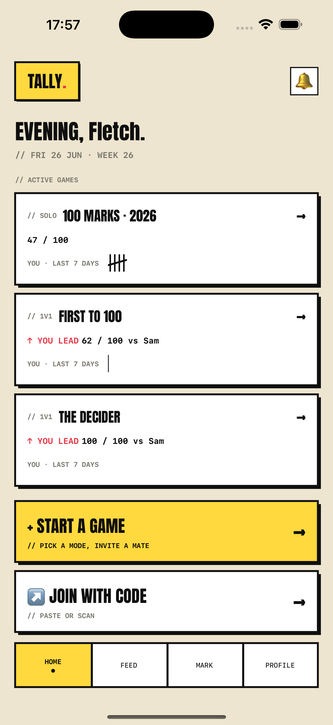 Tally home screen listing active games and the day’s tally